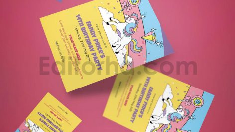 دانلود فایل لایه باز کارت دعوت تولد طرح یونیکورن Unicorn Birthday Invitation