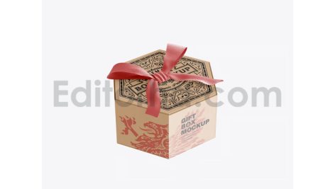 دانلود موکاپ جعبه کادوی شش ضلعی با روبان پاپیونی Hexagonal Gift Box with Bow Mockup