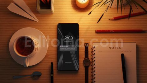 دانلود موکاپ گوشی هوشمند با میز کار و قهوه Smartphone Mockup with Stationery Coffee