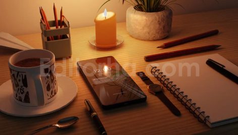 دانلود موکاپ گوشی هوشمند با میز کار و قهوه Smartphone Mockup with Stationery Coffee