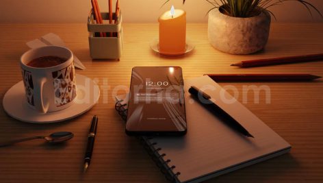 دانلود موکاپ گوشی هوشمند با میز کار و قهوه Smartphone Mockup with Stationery Coffee