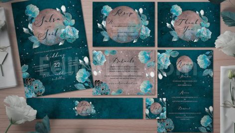 دانلود لایه باز مجموعه کارت دعوت عروسی خاص با گل رز آبی Wedding Invitation