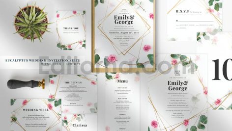 دانلود فایل لایه باز کارت دعوت عروسی Eucalyptus Wedding Invitation Suite