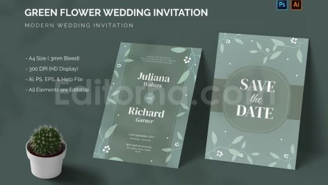 دانلود لایه باز کارت دعوت عروسی سبز Green Flower - Wedding Invitation