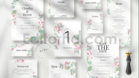 دانلود لایه باز کارت دعوت عروسی گلدار آبرنگی Watercolor Foliage Wedding