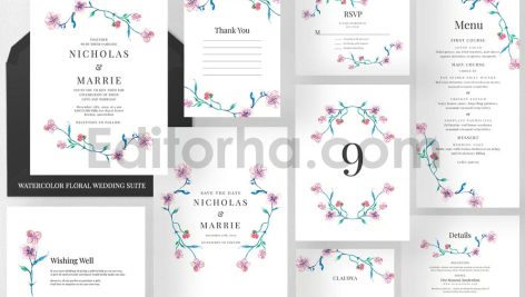 دانلود فایل لایه باز کارت دعوت عروسی گلدار آبرنگی Watercolor Wedding Suite