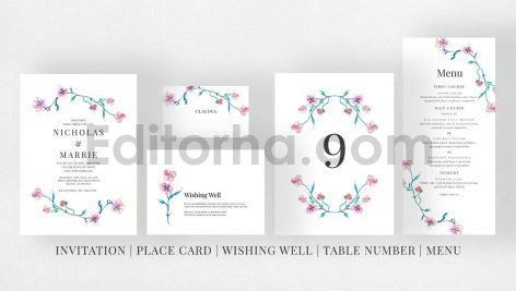 دانلود فایل لایه باز کارت دعوت عروسی گلدار آبرنگی Watercolor Wedding Suite