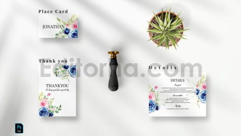 دانلود لایه باز کارت دعوت عروسی با گل آبرنگی نیلی Indigo Watercolor Wedding