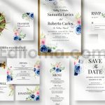 دانلود لایه باز کارت دعوت عروسی با گل آبرنگی نیلی Indigo Watercolor Wedding