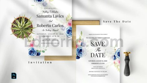 دانلود لایه باز کارت دعوت عروسی با گل آبرنگی نیلی Indigo Watercolor Wedding