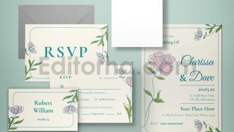 دانلود فایل لایه باز کارت دعوت عروسی با طرح نقاشی گل Wedding Invitation Set