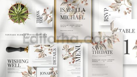دانلود فایل لایه باز کارت دعوت عروسی گلدار قدیمی Vintage Floral Invitation Set