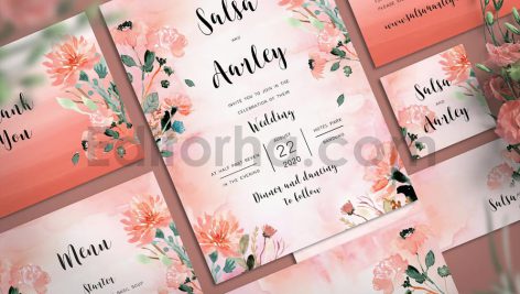 دانلود فایل لایه باز کارت دعوت عروسی با طرح آبرنگی گل هلو Wedding Invitation