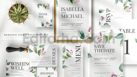 دانلود فایل لایه باز کارت دعوت عروسی گلدار Romantic Floral Invitation Set