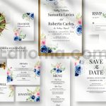 دانلود لایه باز کارت دعوت عروسی با گل آبرنگی نیلی Indigo Watercolor Wedding