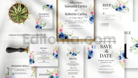 دانلود لایه باز کارت دعوت عروسی با گل آبرنگی نیلی Indigo Watercolor Wedding