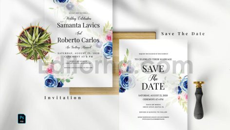 دانلود لایه باز کارت دعوت عروسی با گل آبرنگی نیلی Indigo Watercolor Wedding