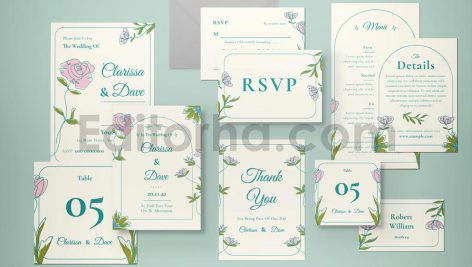 دانلود فایل لایه باز کارت دعوت عروسی با طرح نقاشی گل Wedding Invitation Set