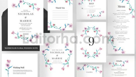 دانلود فایل لایه باز کارت دعوت عروسی گلدار آبرنگی Watercolor Wedding Suite