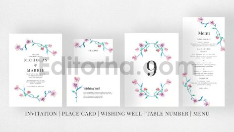 دانلود فایل لایه باز کارت دعوت عروسی گلدار آبرنگی Watercolor Wedding Suite
