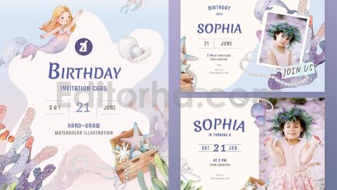 دانلود فایل لایه باز کارت دعوت تولد تم پری دریایی birthday invitation card