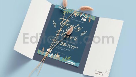 دانلود لایه باز مجموعه کارت دعوت عروسی آبی با تزئین گل Wedding Invitation