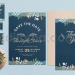 دانلود لایه باز مجموعه کارت دعوت عروسی آبی با تزئین گل Wedding Invitation