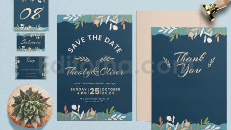 دانلود لایه باز مجموعه کارت دعوت عروسی آبی با تزئین گل Wedding Invitation