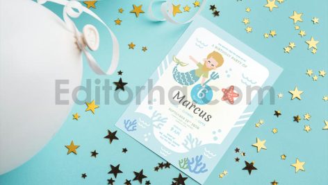 دانلود فایل لایه باز کارت دعوت تولد کودکانه با تم زیر دریایی Birthday Invitation
