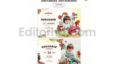 دانلود فایل لایه باز کارت دعوت تولد با تم سرزمین شکلاتی birthday invitation card