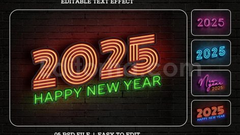 دانلود افکت متن نئونی سال جدید میلادی 2025 قابل ویرایش Neon Style New Year 2025
