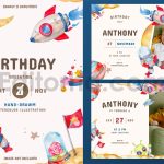 دانلود فایل لایه باز کارت دعوت تولد تم فضا و کهکشان birthday invitation card