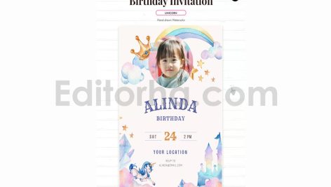 دانلود فایل لایه باز کارت دعوت تولد تم یونیکورن birthday invitation card