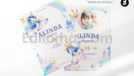 دانلود فایل لایه باز کارت دعوت تولد تم یونیکورن birthday invitation card