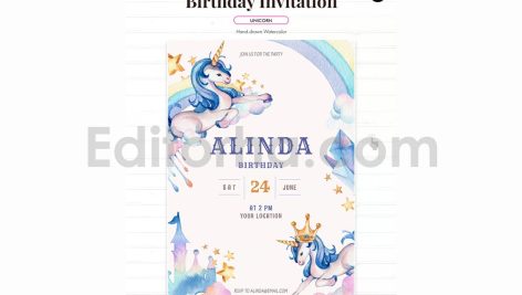 دانلود فایل لایه باز کارت دعوت تولد تم یونیکورن birthday invitation card