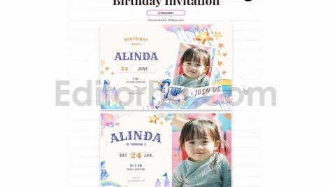 دانلود فایل لایه باز کارت دعوت تولد تم یونیکورن birthday invitation card
