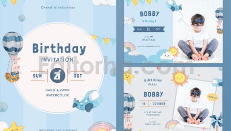 دانلود فایل لایه باز کارت دعوت تولد آبی با تم آسمان birthday invitation card