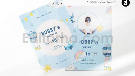 دانلود فایل لایه باز کارت دعوت تولد آبی با تم آسمان birthday invitation card