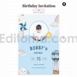 دانلود فایل لایه باز کارت دعوت تولد آبی با تم آسمان birthday invitation card