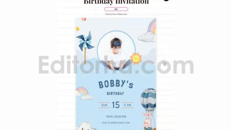 دانلود فایل لایه باز کارت دعوت تولد آبی با تم آسمان birthday invitation card