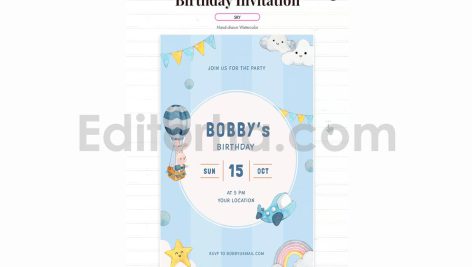 دانلود فایل لایه باز کارت دعوت تولد آبی با تم آسمان birthday invitation card