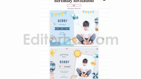 دانلود فایل لایه باز کارت دعوت تولد آبی با تم آسمان birthday invitation card