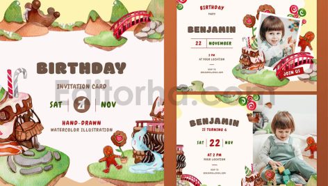 دانلود فایل لایه باز کارت دعوت تولد با تم سرزمین شکلاتی birthday invitation card