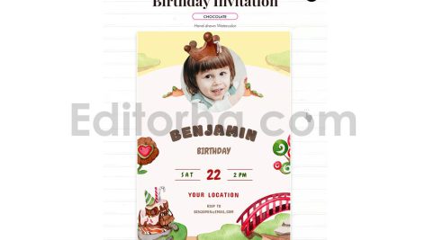 دانلود فایل لایه باز کارت دعوت تولد با تم سرزمین شکلاتی birthday invitation card