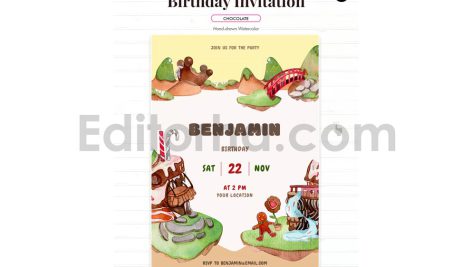 دانلود فایل لایه باز کارت دعوت تولد با تم سرزمین شکلاتی birthday invitation card