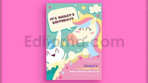 دانلود فایل لایه باز کارت دعوت تولد طرح یونیکورن Kids Birthday Invitation