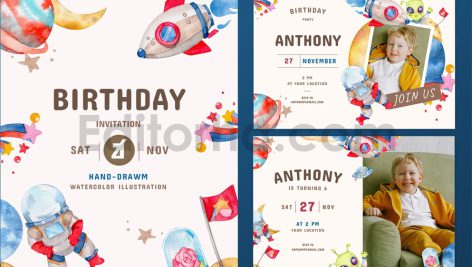 دانلود فایل لایه باز کارت دعوت تولد تم فضا و کهکشان birthday invitation card