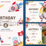 دانلود فایل لایه باز کارت دعوت تولد تم فضا و کهکشان birthday invitation card