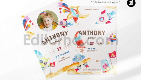 دانلود فایل لایه باز کارت دعوت تولد تم فضا و کهکشان birthday invitation card