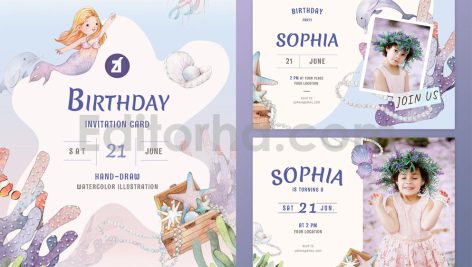 دانلود فایل لایه باز کارت دعوت تولد تم پری دریایی birthday invitation card
